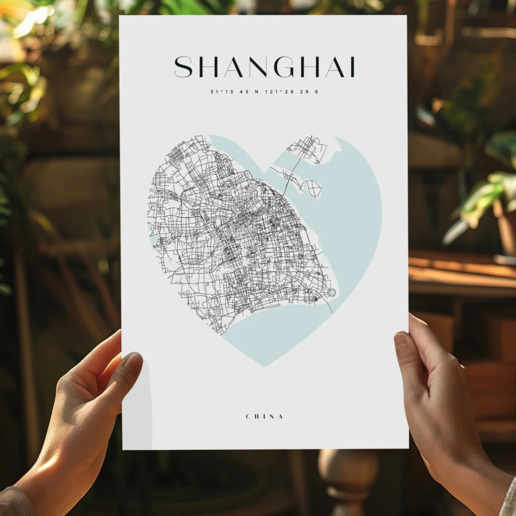Minimalist Shanghai heart map on insigne aluminum print for home decor