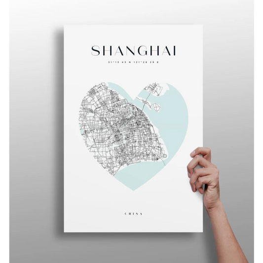 Minimalist Shanghai heart map on Insigne aluminum print