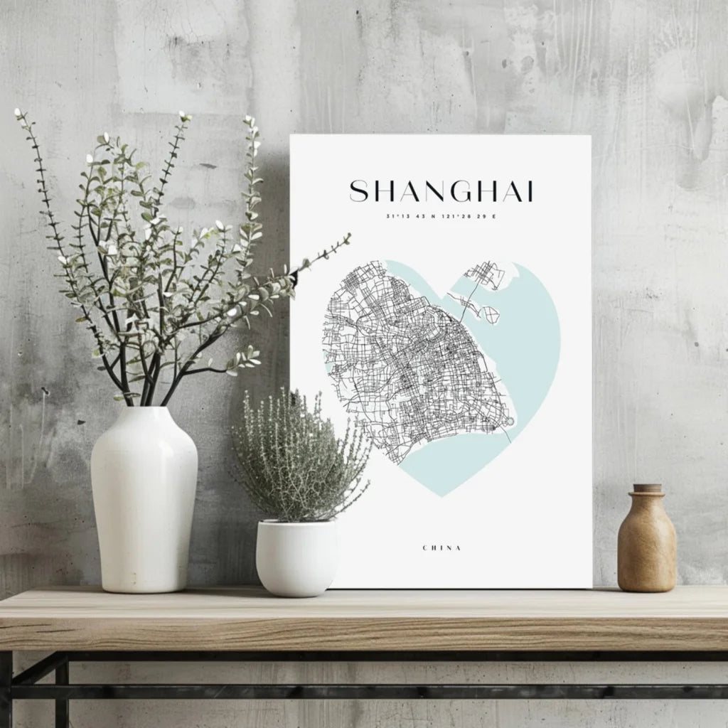 Minimalist Shanghai heart map on insigne aluminum print