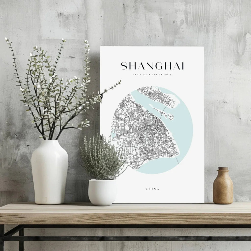 Shanghai Map Insigne Aluminum Prints Modern City Art | Glass Wall Art Print | vintageantiquesgifts.com