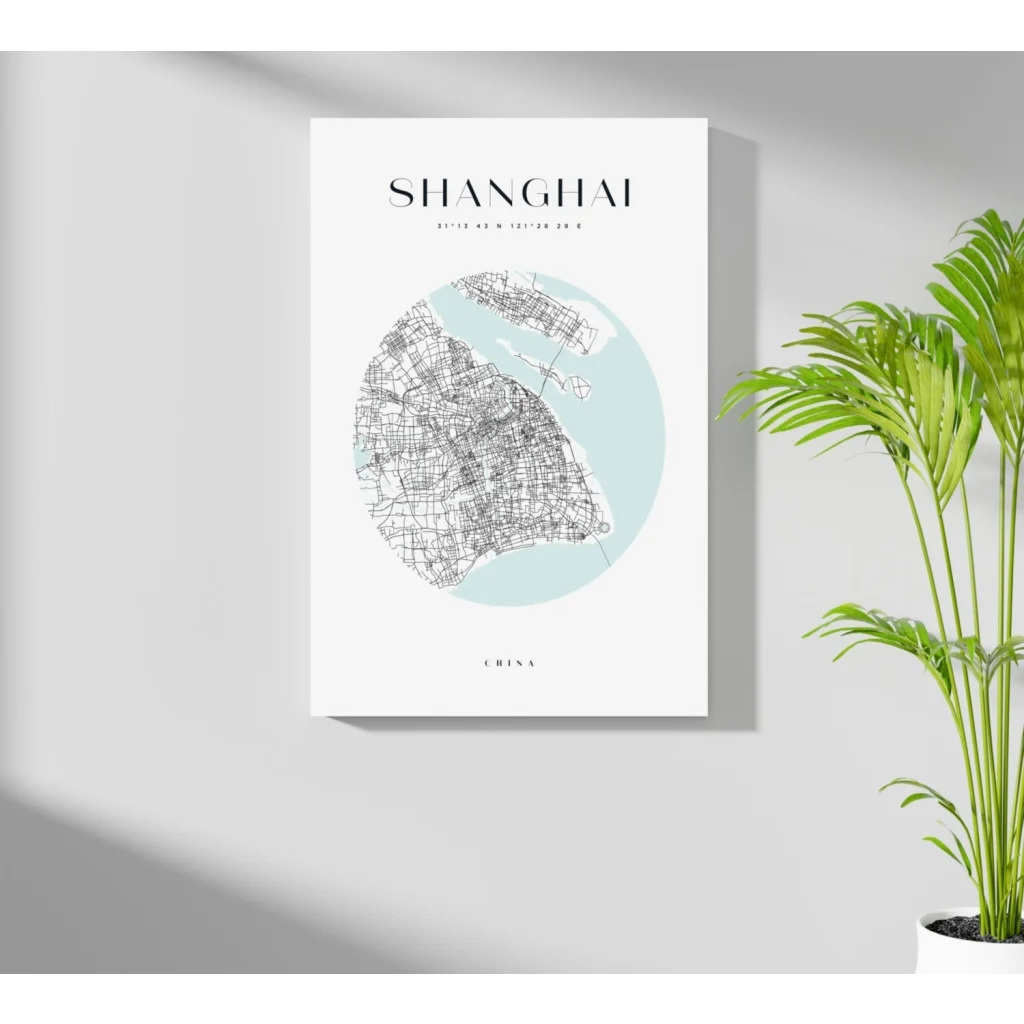Minimalist Shanghai map on insigne aluminum print, circular black streets and blue water