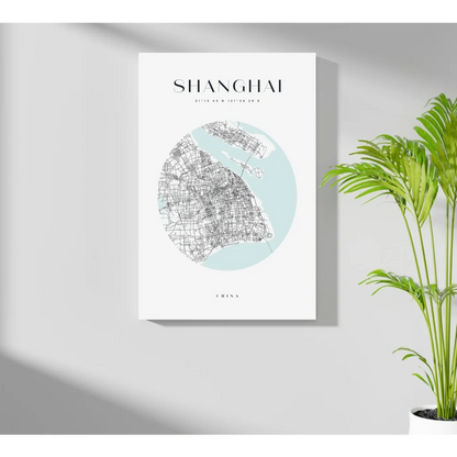 Minimalist Shanghai map on insigne aluminum print, circular black streets and blue water
