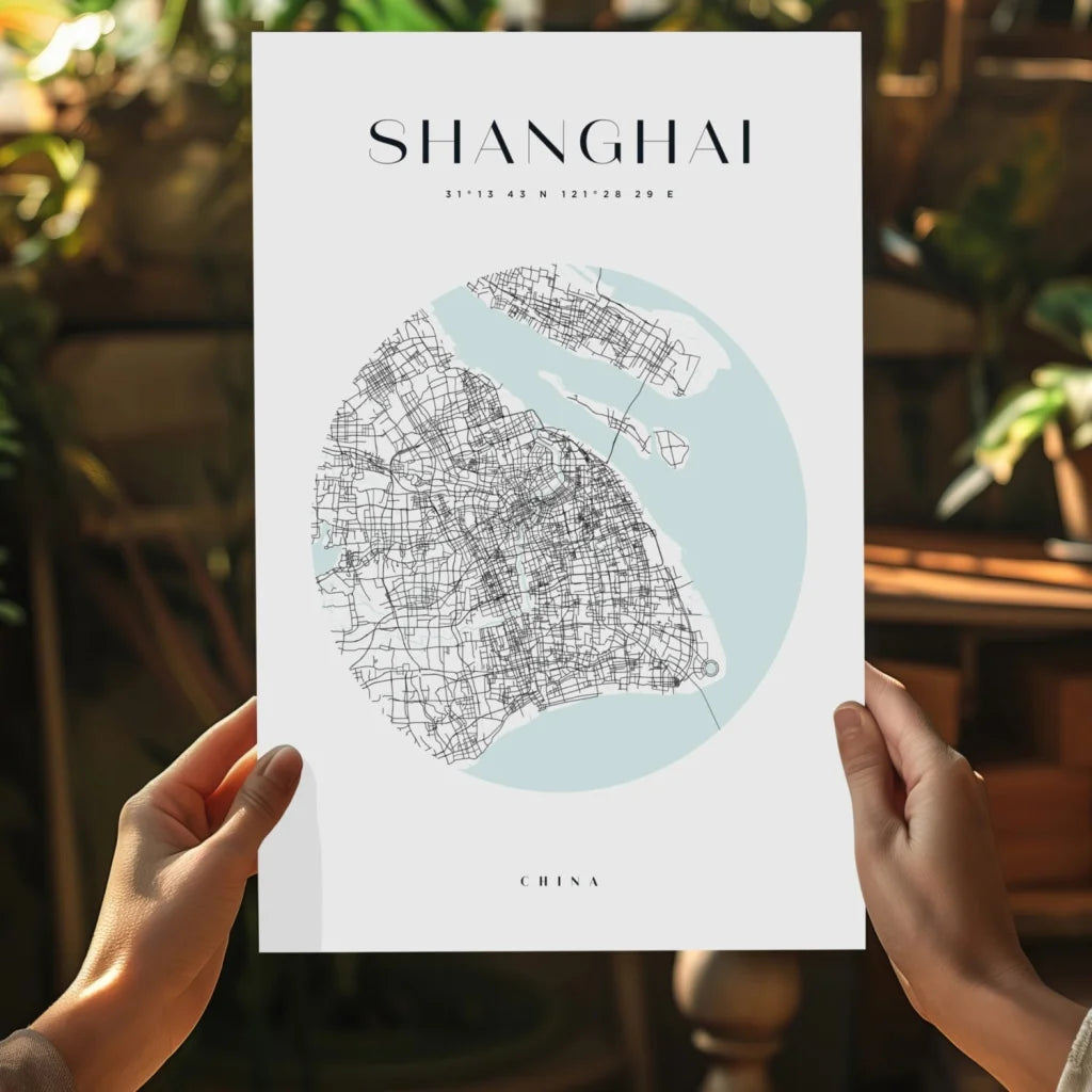 Minimalist Shanghai map on insigne aluminum prints, black line art
