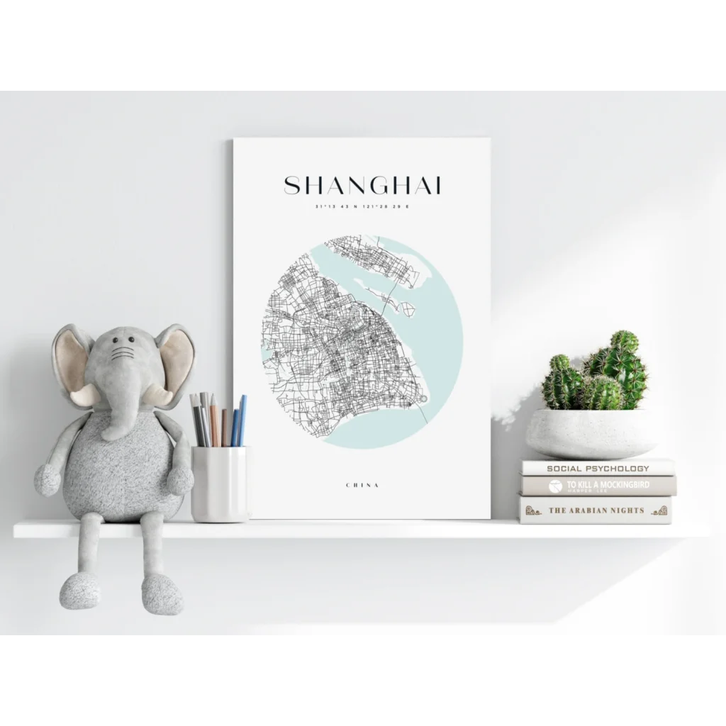Minimalist Shanghai map on insigne aluminum prints, white poster art