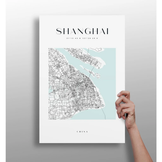 Shanghai Map Insigne Aluminum Prints in Minimalist Blue | Insigneart USA | vintageantiquesgifts.com