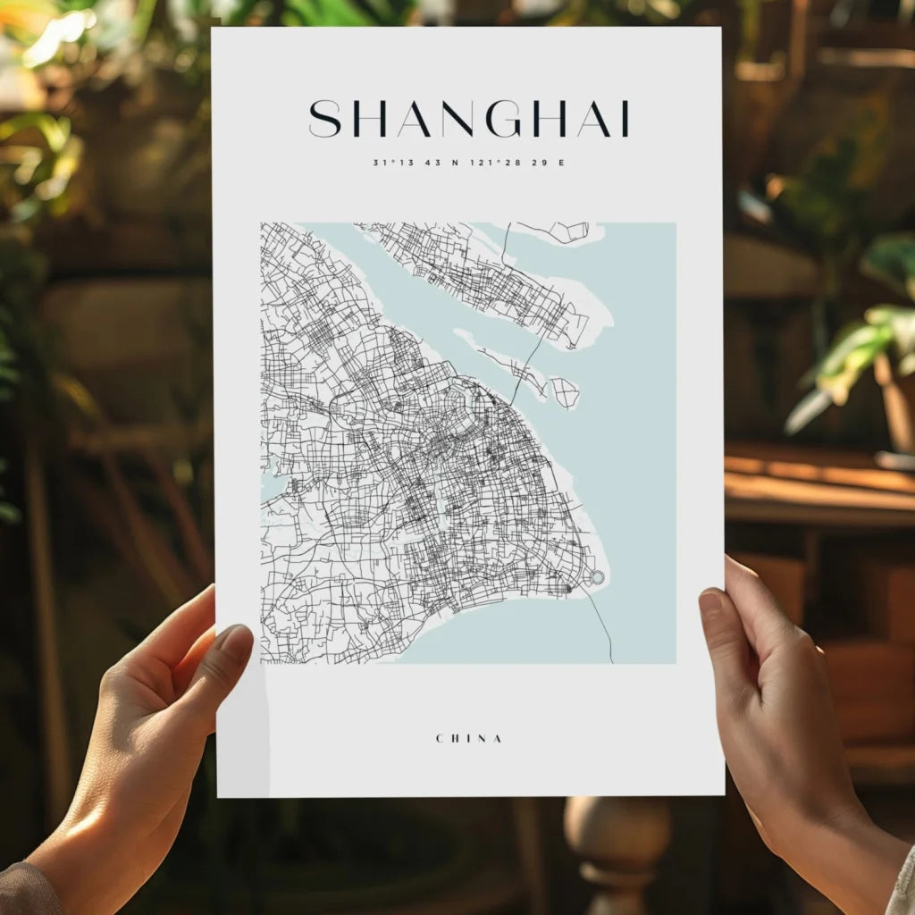 Minimalist Shanghai map insigne aluminum print in blue