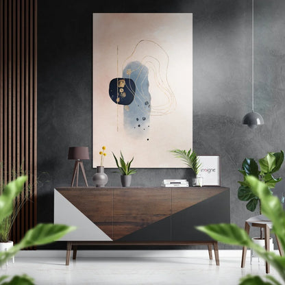 Abstract brushed aluminium dibond art of beige, blue-gray, gold canvas above geometric sideboard