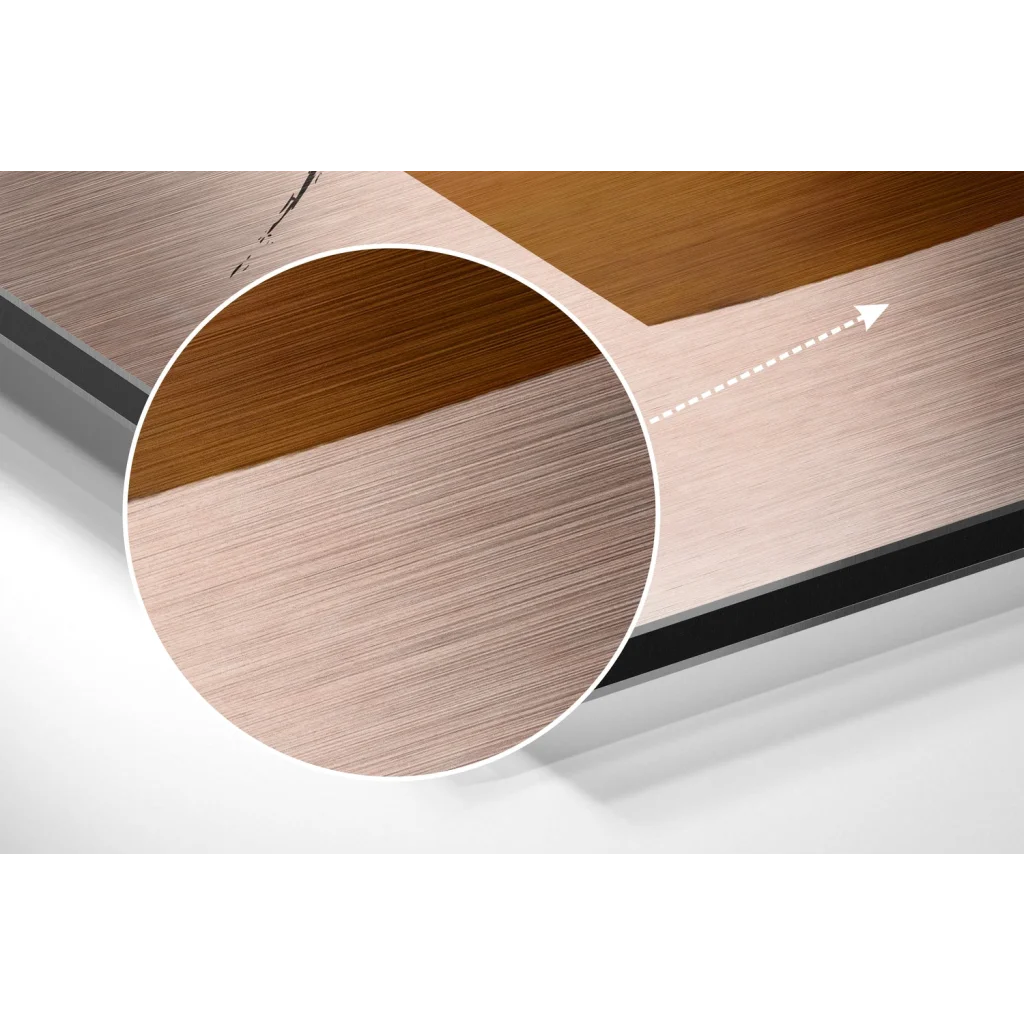 glass wall art Close-up of brushed aluminium dibond wall art with warm brown and rose gold wood grains