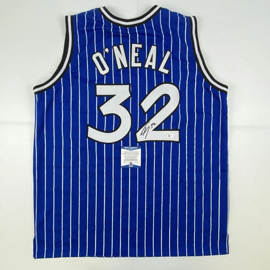 Shaq signed custom jersey number 32 blue pinstripe basketball professional sports