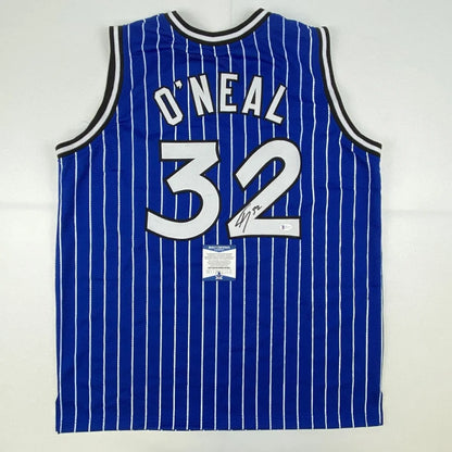 Shaq signed custom jersey number 32 blue pinstripe basketball professional sports