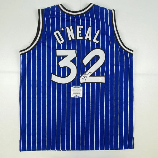 Shaq signed custom jersey number 32 blue pinstripe basketball professional sports