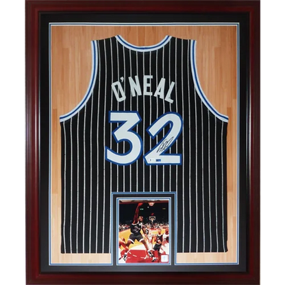 Shaq signed deluxe framed jersey with black white striped ONeal nameplate