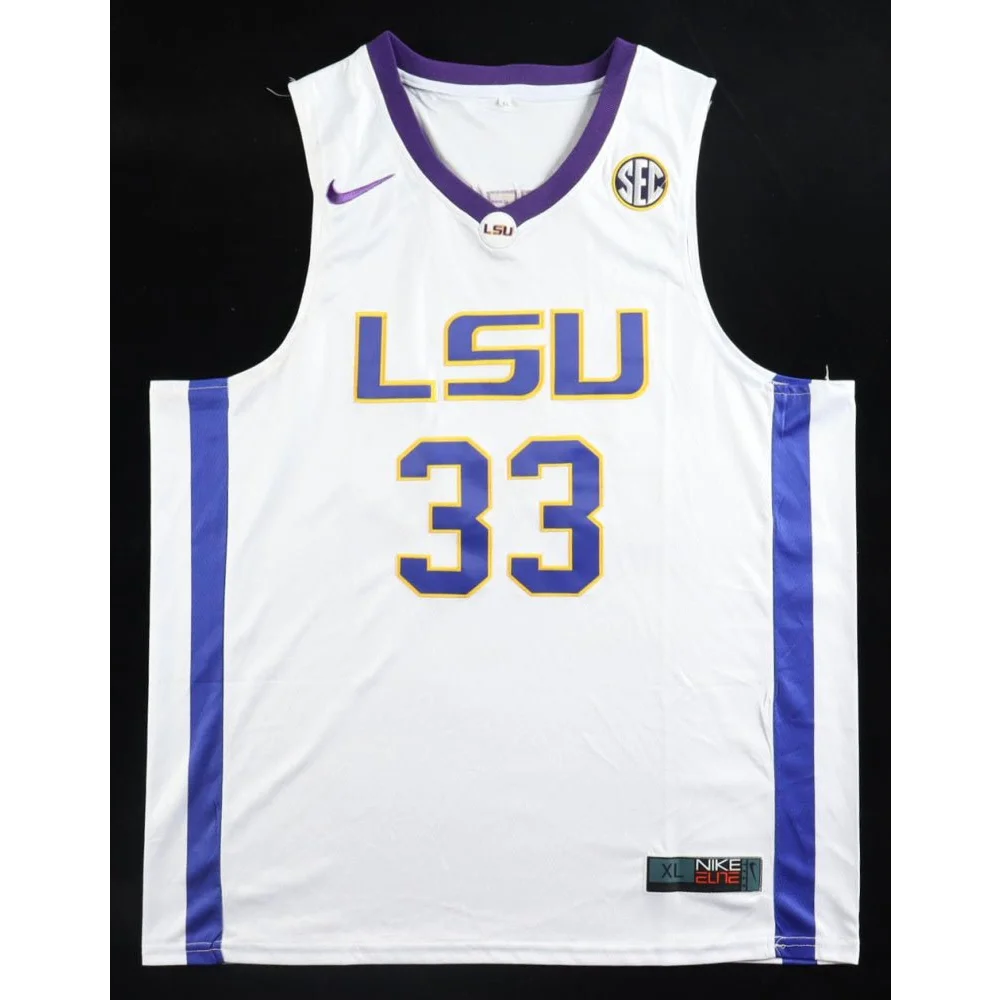 White and purple LSU Tigers basketball jersey with number 33, Shaq signed Nike XL