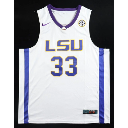 White and purple LSU Tigers basketball jersey with number 33, Shaq signed Nike XL
