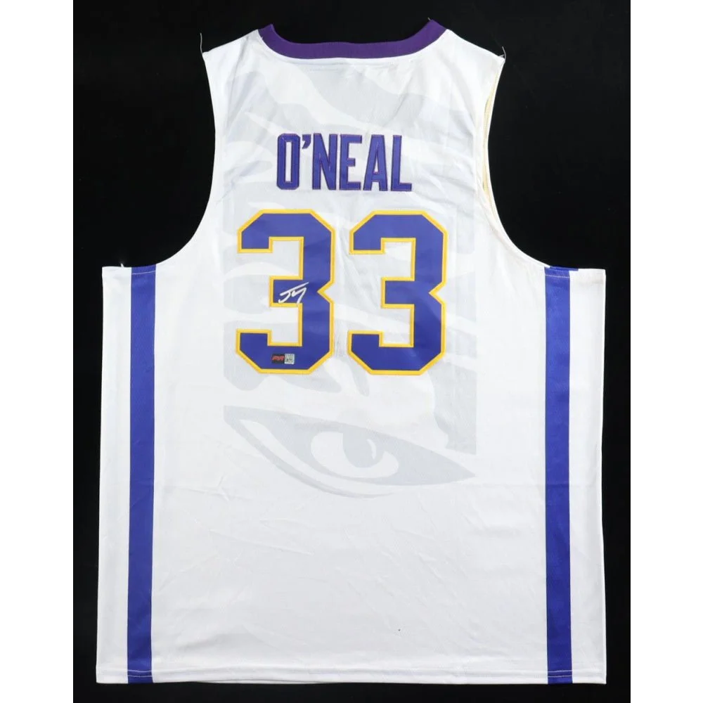 White LSU Tigers basketball jersey with purple and yellow accents, Shaq signed Nike XL