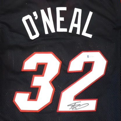 Shaquille ONeal autographed black custom jersey with white orange 32