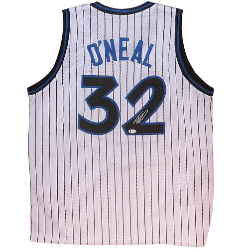 Back of white pinstripe custom basketball jersey with navy trim featuring bold navy oneal 32 and autograph below number