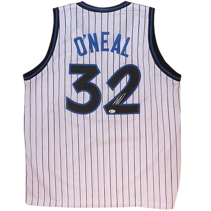 Back of white pinstripe custom basketball jersey with navy trim featuring bold navy oneal 32 and autograph below number