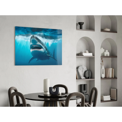 Fierce great white shark in blue acrylic wall art swimming underwater