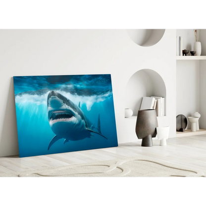 Fierce great white shark canvas wall art in striking blue ocean depths