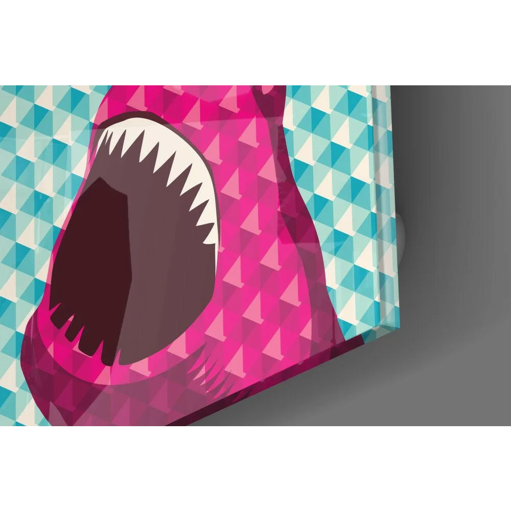 Vibrant geometric pink shark glass wall art canvas print with sharp teeth