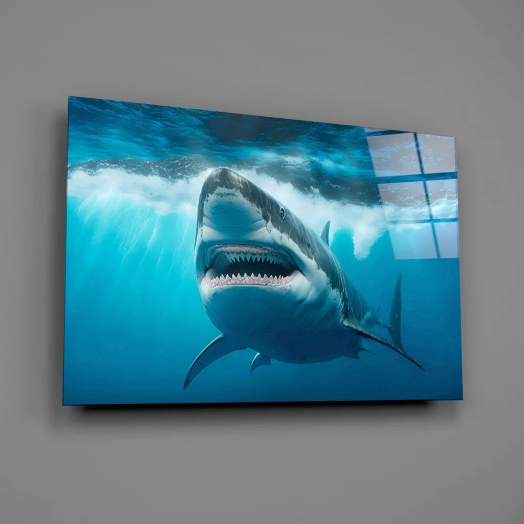 Fierce great white shark blue canvas wall art on plain wall