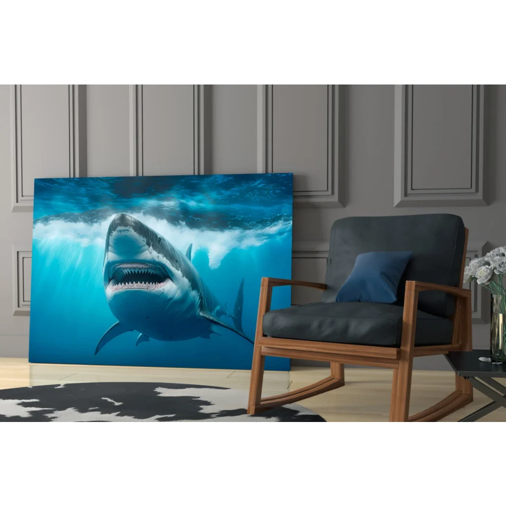 Fierce great white shark blue canvas wall art underwater