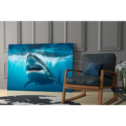Fierce great white shark blue canvas wall art underwater