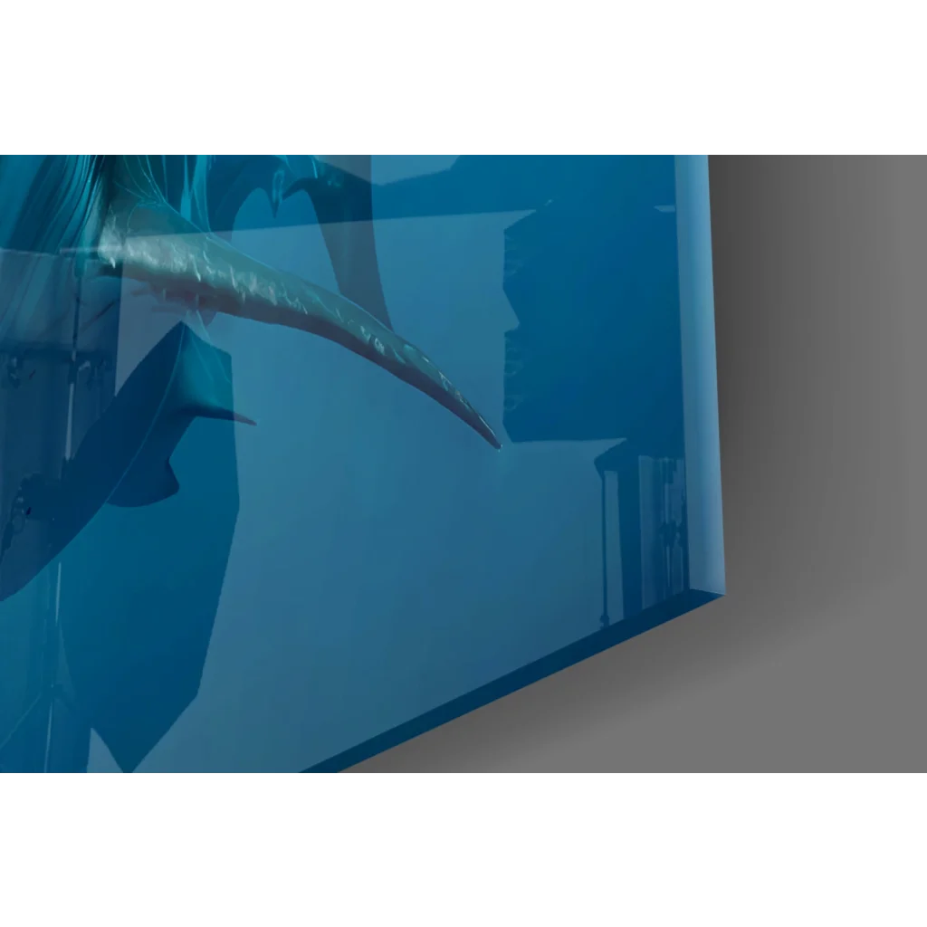 Sleek ocean blue glass wall art sculpture with angular shark shapes