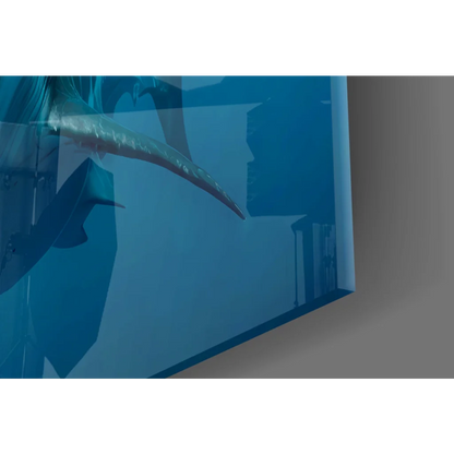 Sleek ocean blue glass wall art sculpture with angular shark shapes