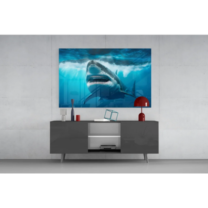 Fierce great white shark blue wall art mural on gray console
