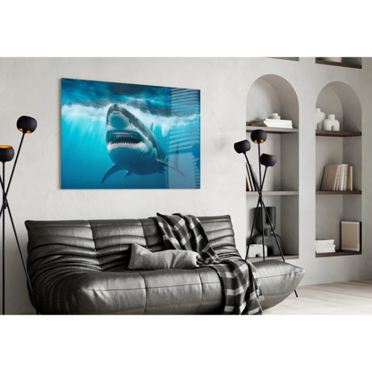 Fierce great white shark in blue ocean wall art canvas print on wall