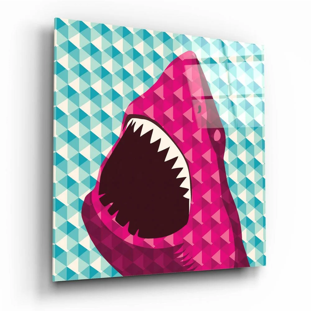Vibrant geometric pink shark glass wall art on teal checkered background