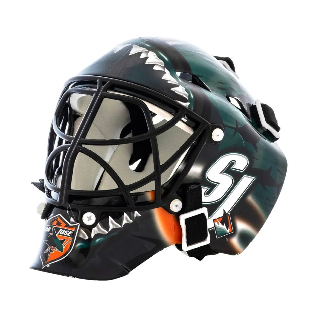 Shark teeth mini goalie mask in green and black molded plastic