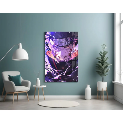 Vibrant purple pink anime glass wall art portrait with glowing eyes on teal wall