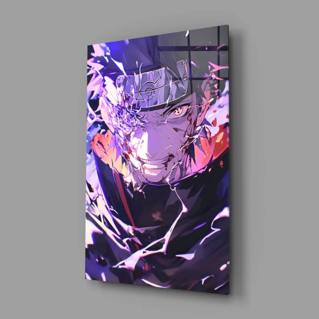 Vibrant anime portrait on shattered glass wall art canvas with glowing eyes