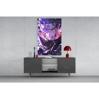 Vibrant shattered glass wall art anime portrait with glowing eyes
