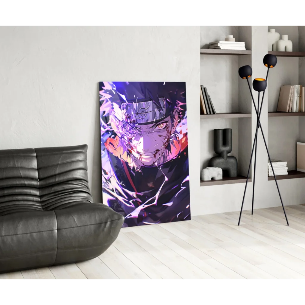 Vibrant purple orange anime glass wall art with glowing eyes portrait