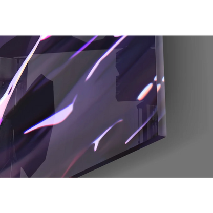 Sleek shattered glass wall art anime portrait with glowing eyes and vibrant purple pink streaks