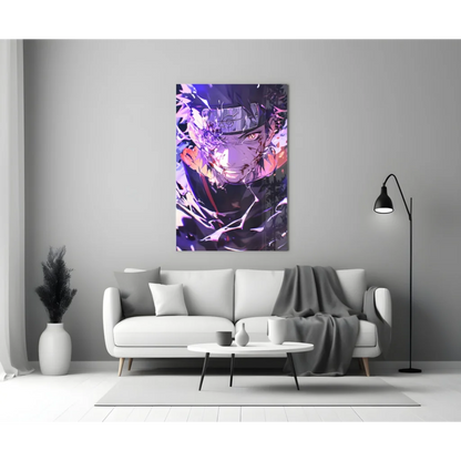 Vibrant purple pink anime portrait glass wall art with glowing eyes on wall