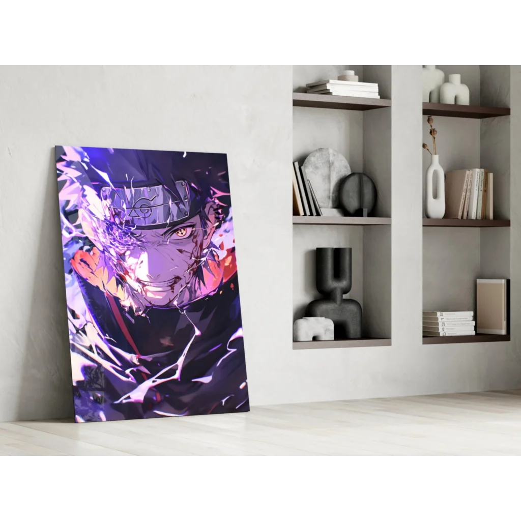 Vibrant purple orange anime portrait glass wall art with glowing eyes
