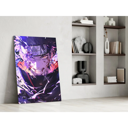 Vibrant purple orange anime portrait glass wall art with glowing eyes