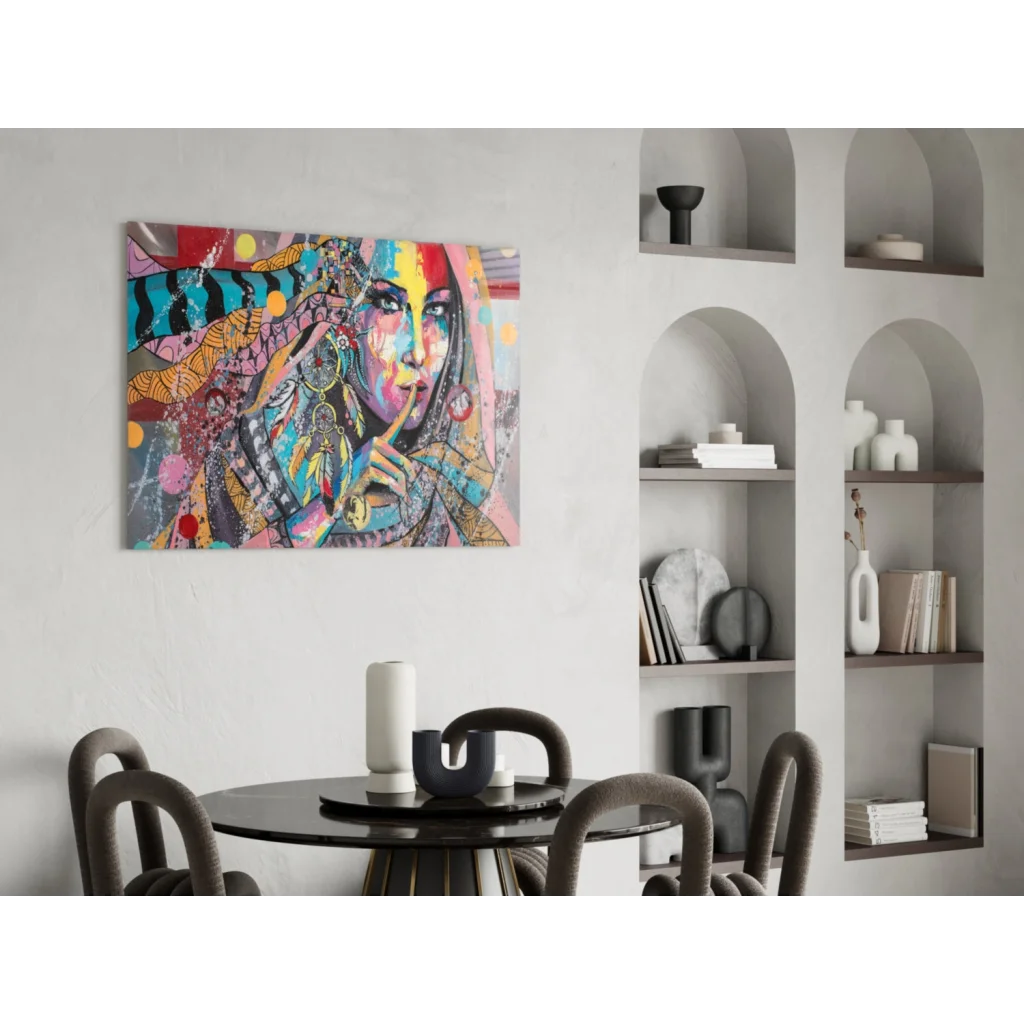 Vibrant dreamcatcher woman pop art canvas wall art in turquoise, pink, yellow, black