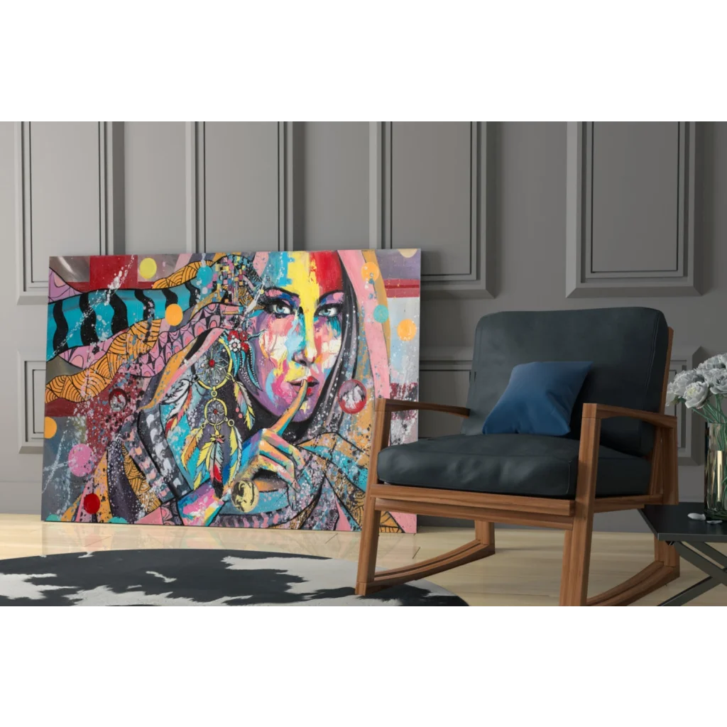 Dreamcatcher Woman pop art canvas wall art with vibrant abstract portrait