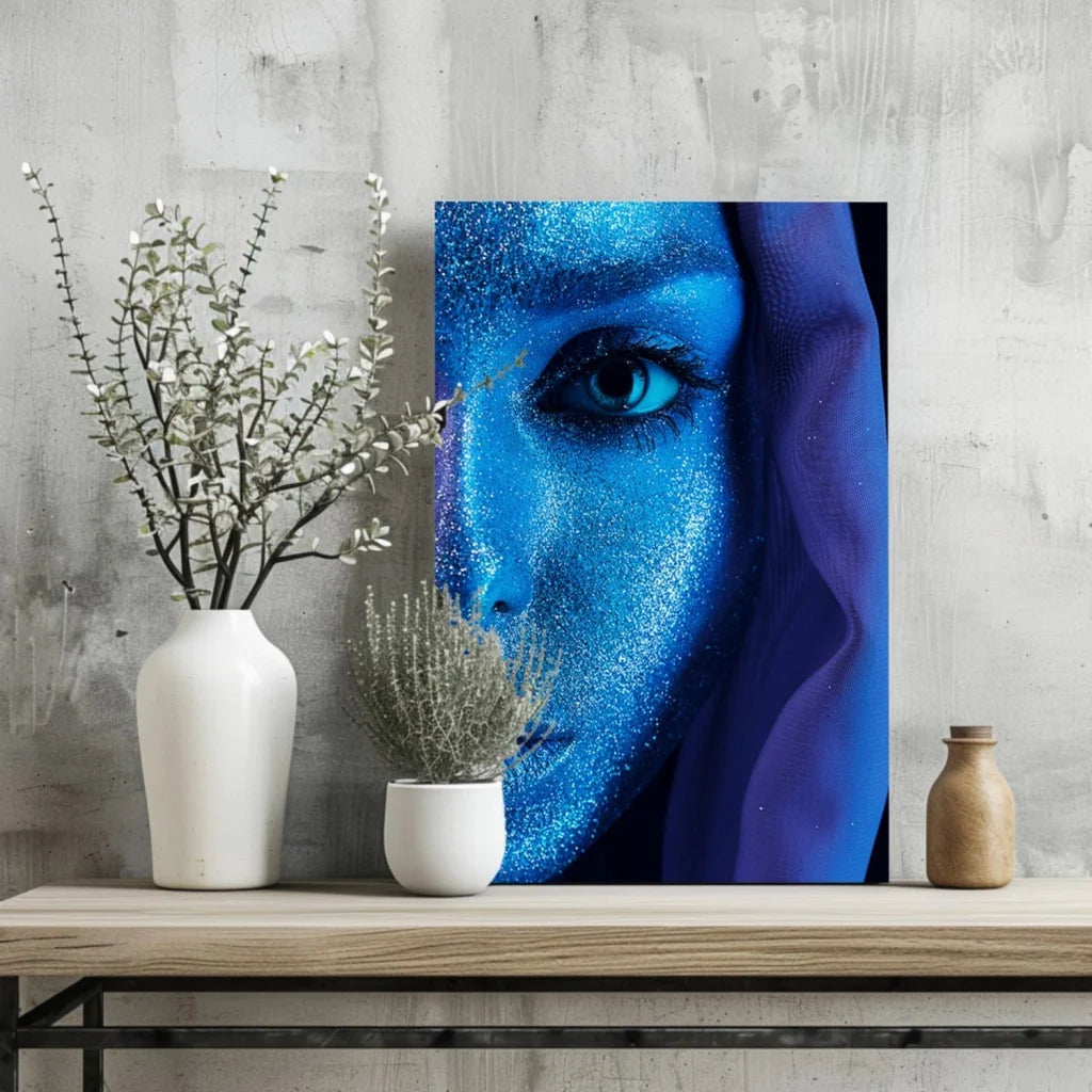 Shimmering blue glitter portrait canvas with purple veil