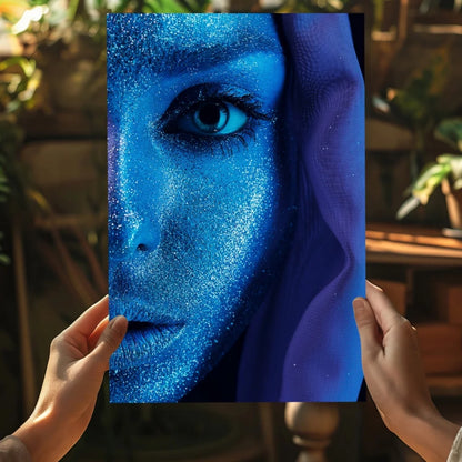 Vibrant blue glitter portrait canvas with purple veil and sparkling skin