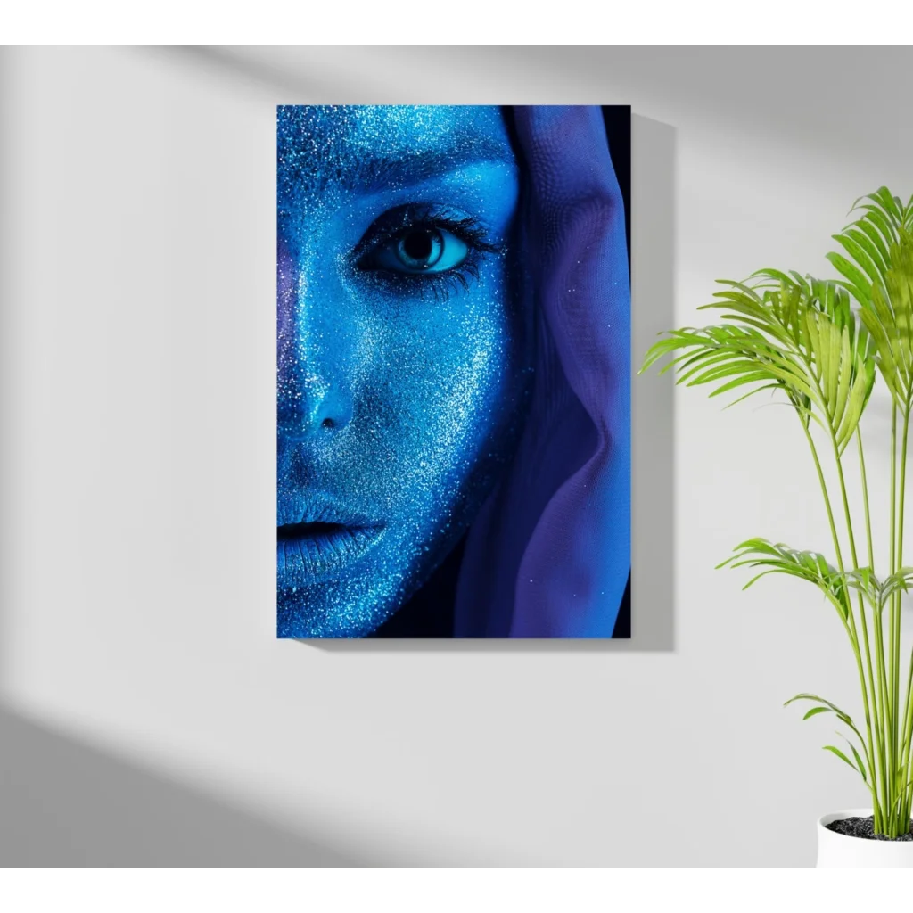 Shimmering blue glitter portrait canvas with purple veil