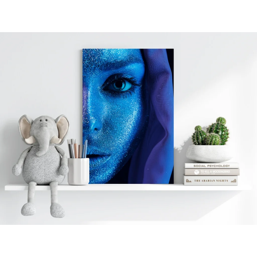 Vibrant blue glitter portrait canvas of womans face with purple veil