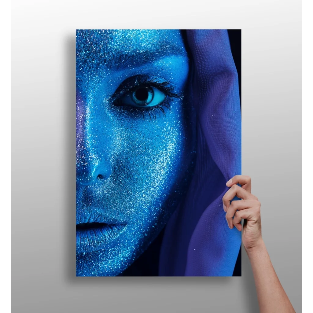 Vibrant blue glittery portrait canvas with striking eye and purple veil