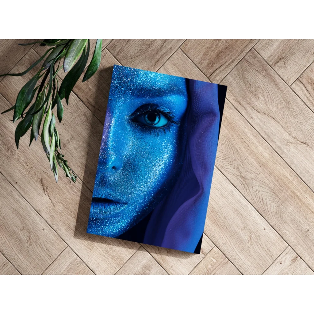 Shimmering blue glitter portrait canvas with purple veil